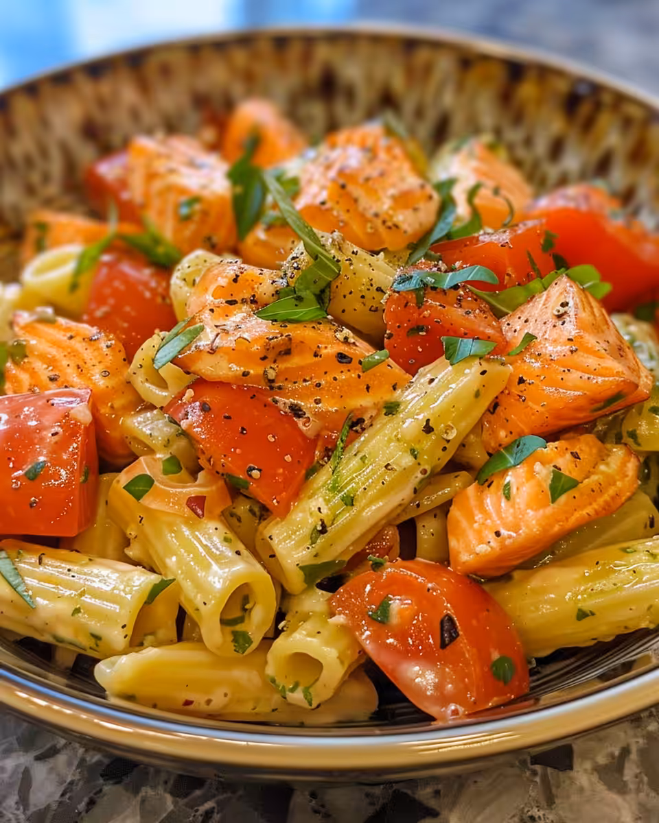 Fresh salmon pasta salad with lemon and basil in a bowl
