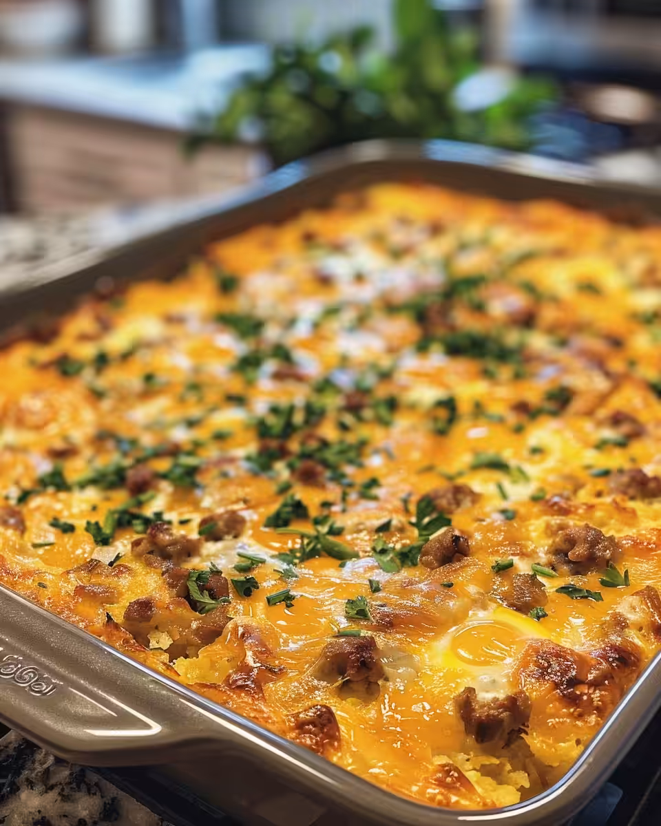 Ingredients for sausage, egg and cream cheese hashbrown casserole prepped on table