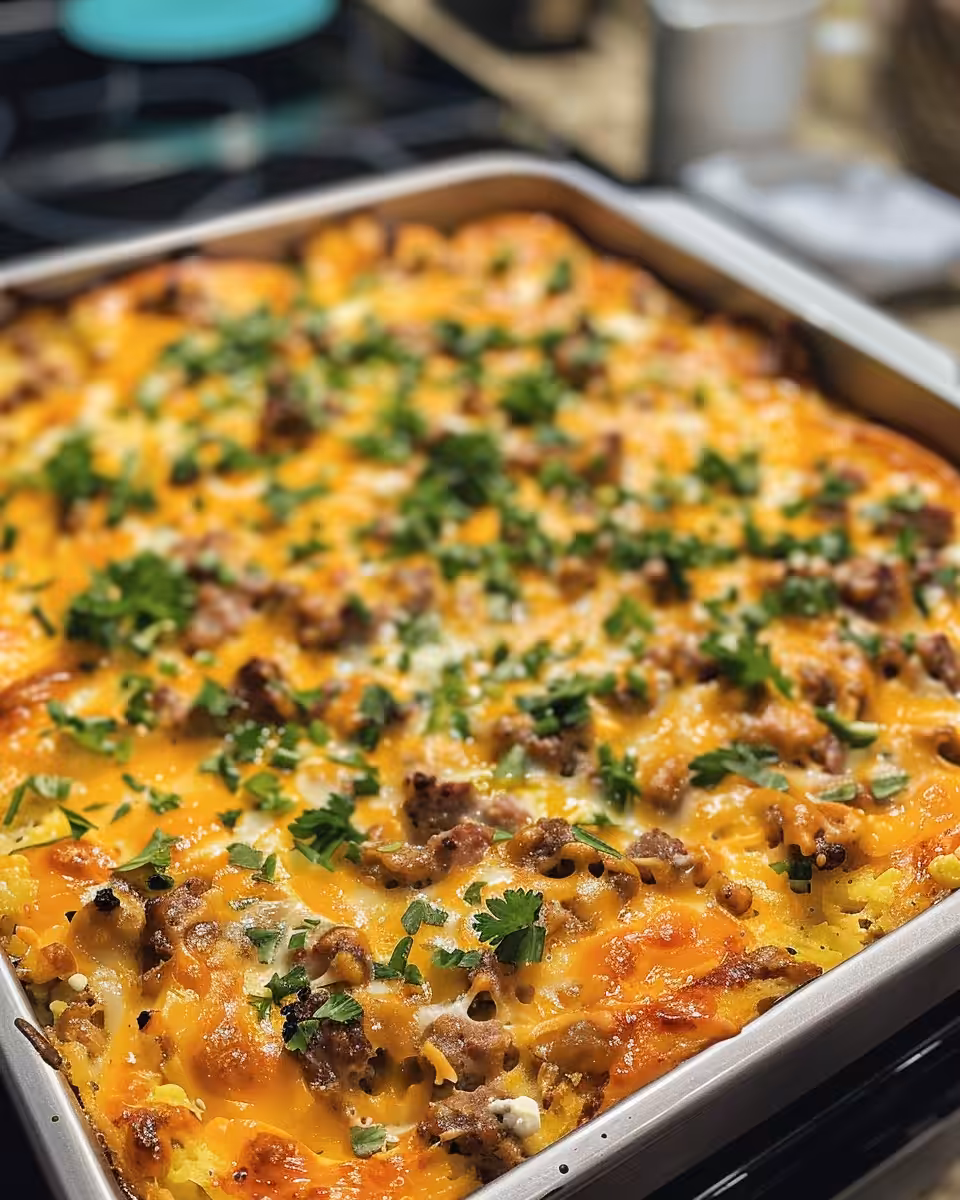 Baked sausage, egg and cream cheese hashbrown casserole with golden crust
