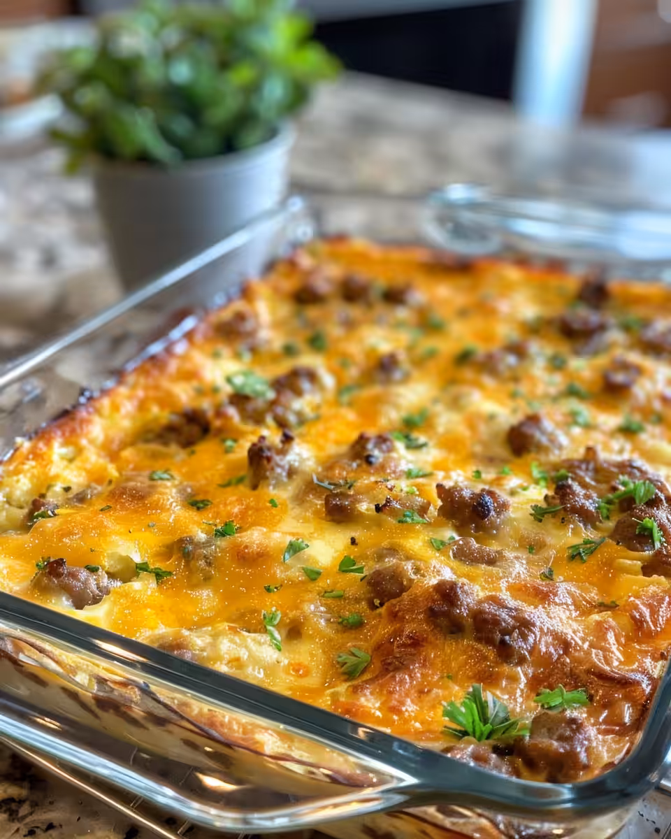 Ingredients mixed in bowl for sausage hash brown breakfast casserole