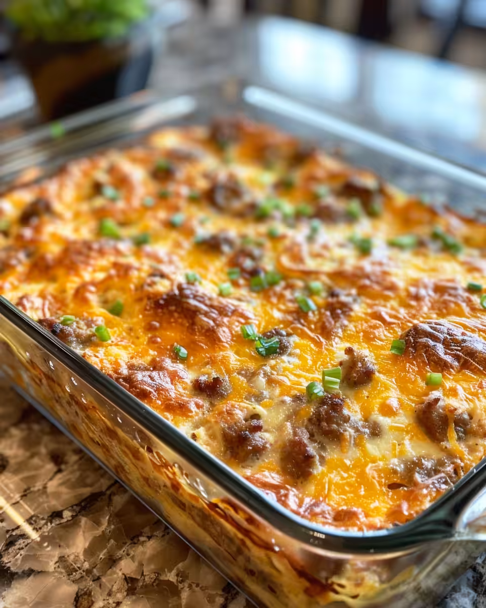 Golden cheesy sausage hash brown breakfast casserole ready to serve