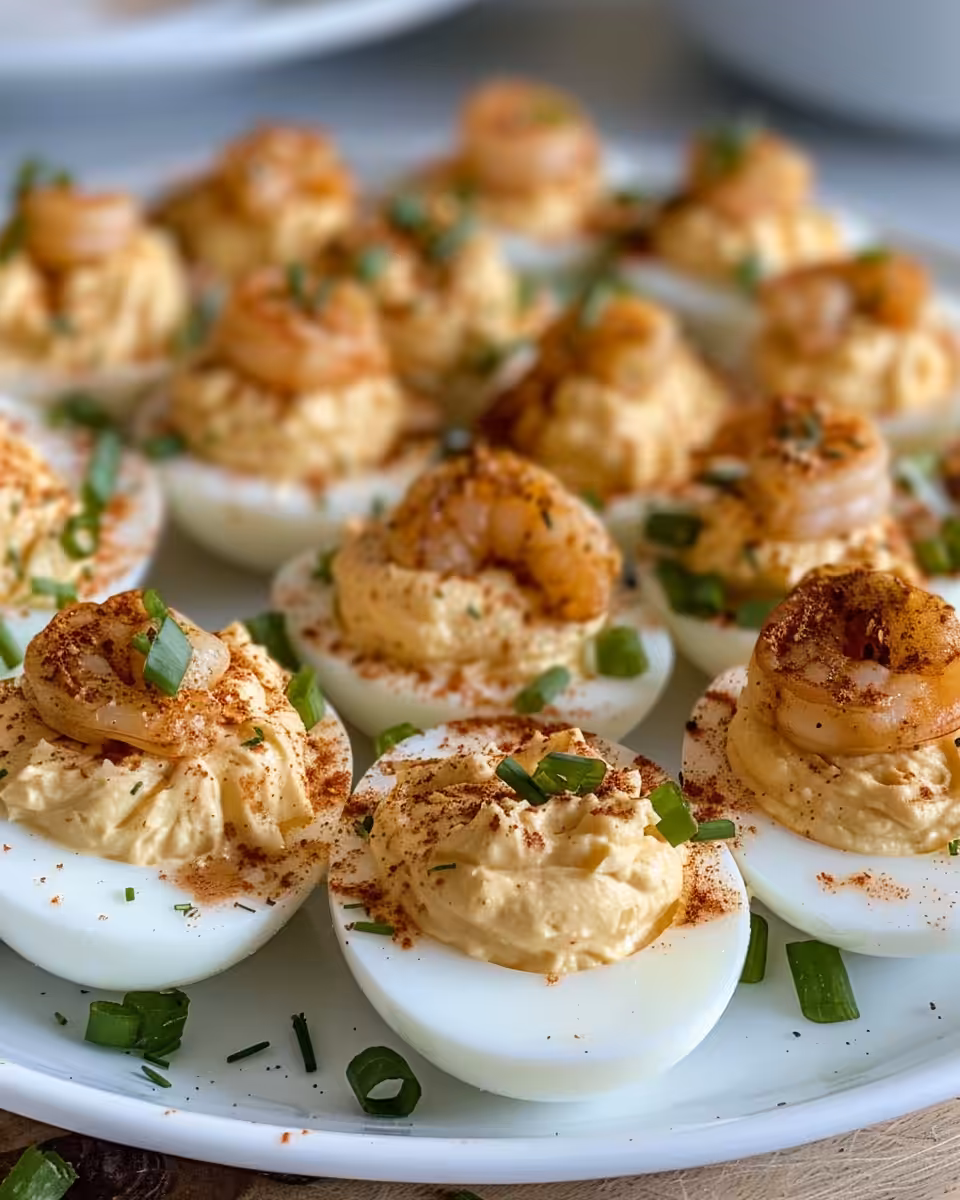 Close-up of final crawfish deviled eggs garnished and ready to enjoy