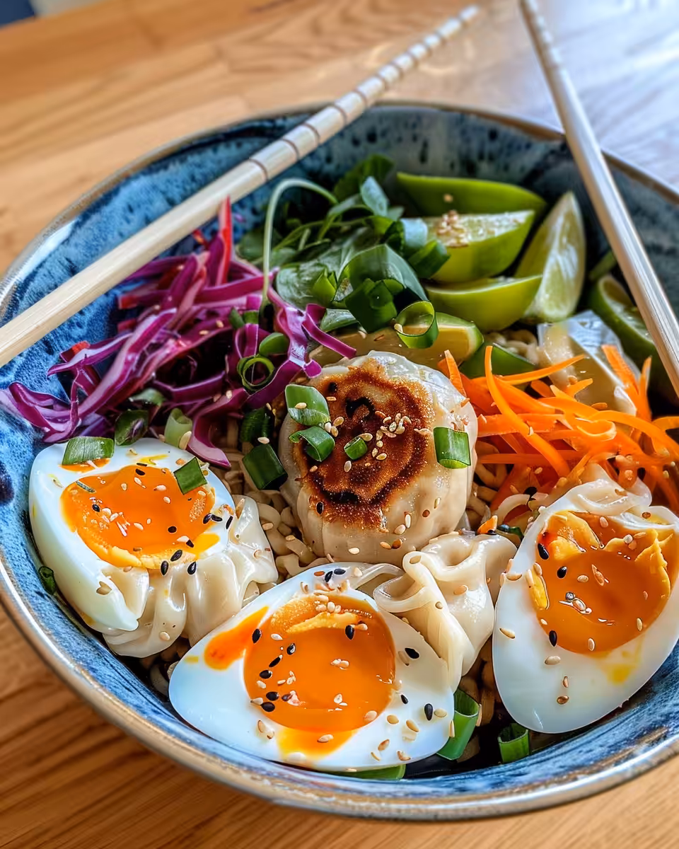 Ingredients for savory dumpling ramen bowl including soft boiled eggs and fresh greens