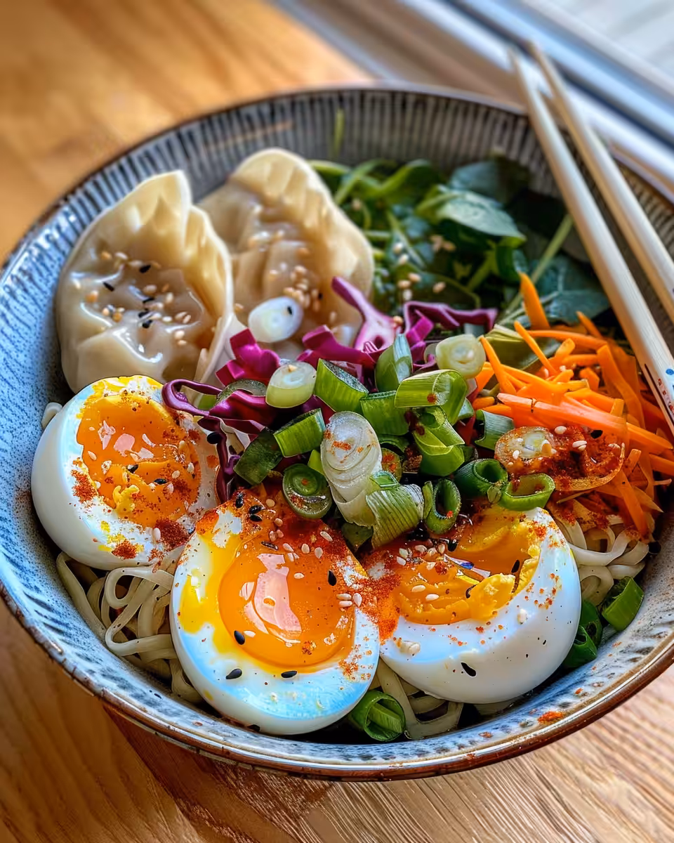 Final plated savory dumpling ramen bowl with soft boiled eggs and fresh greens