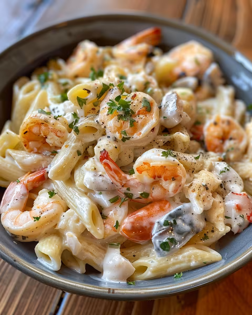 Baked creamy shrimp tetrazzini with golden panko crust ready to serve
