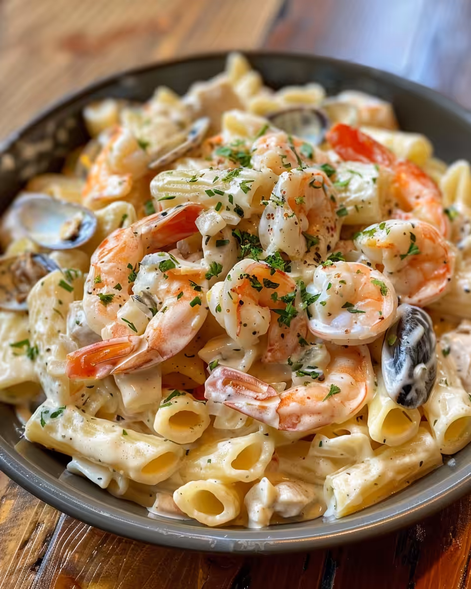 Creamy shrimp tetrazzini bubbling in pressure cooker with steam rising