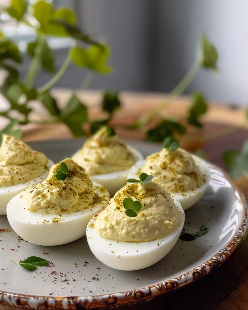 Ingredients and process shown for making shamrock deviled eggs filling