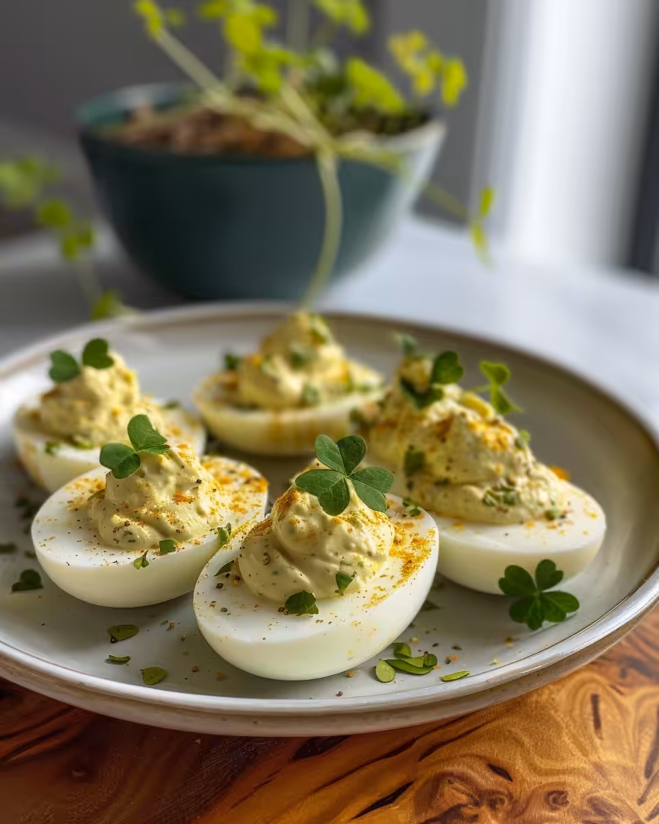 Close up of final shamrock-shaped deviled egg ready to eat