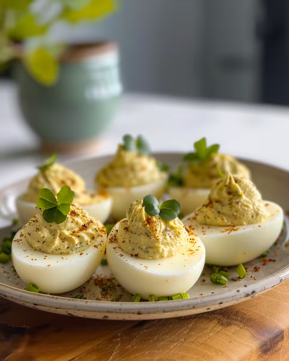 Perfectly cooked shamrock deviled eggs steaming slightly in pressure cooker