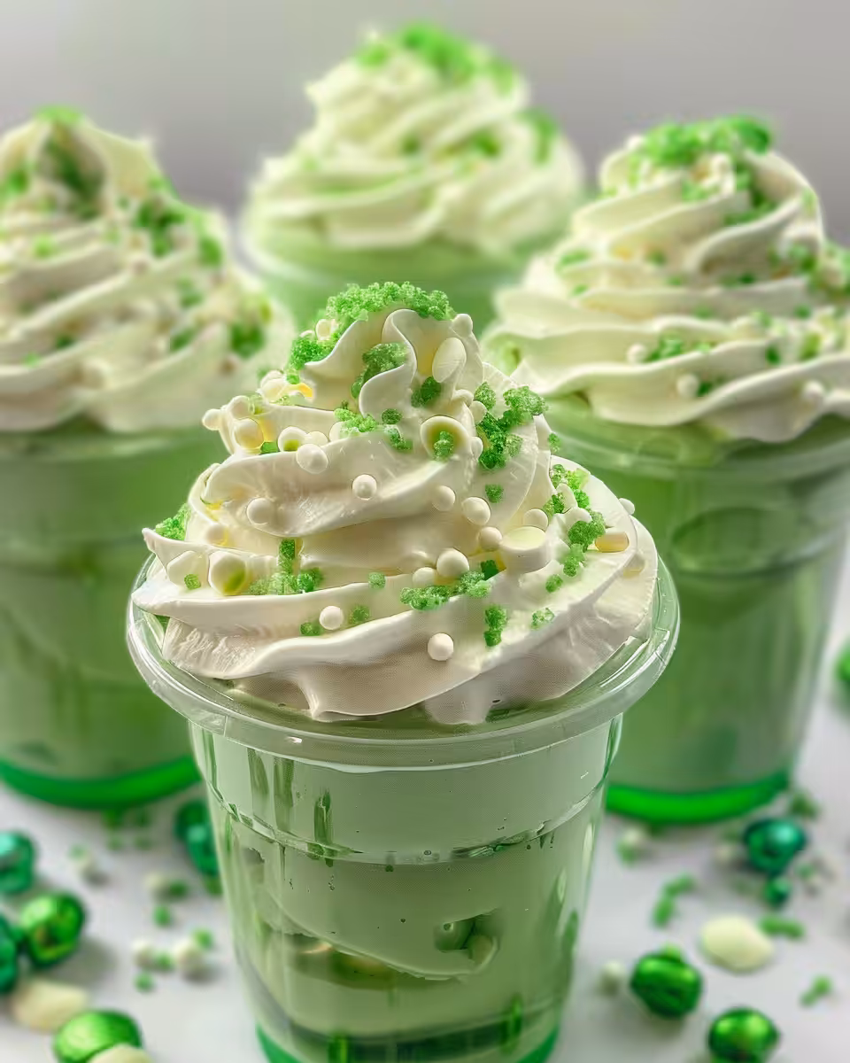 Ingredients for Shamrock Shake pudding cups including pudding, whipped cream, and mint