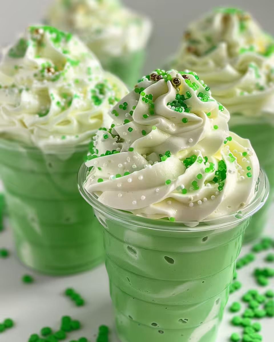 Layered Shamrock Shake pudding cups with green pudding and chocolate syrup