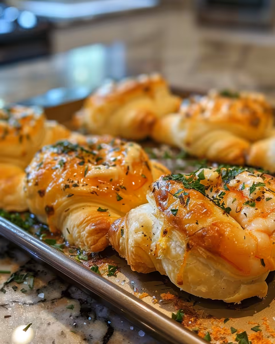 Close-up of golden brown shrimp and crab croissant bombs with creamy filling