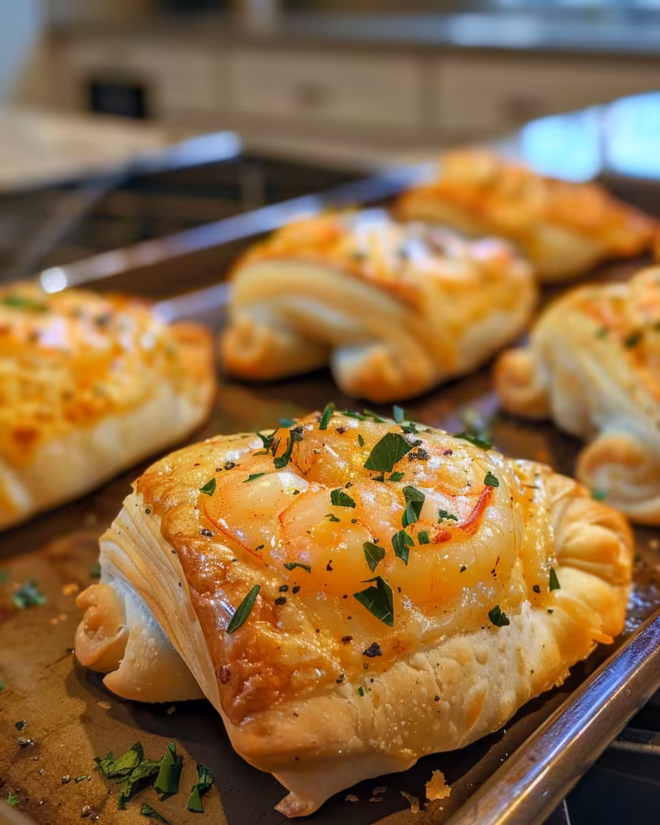 Freshly baked shrimp and crab stuffed crescent bombs just out of the oven