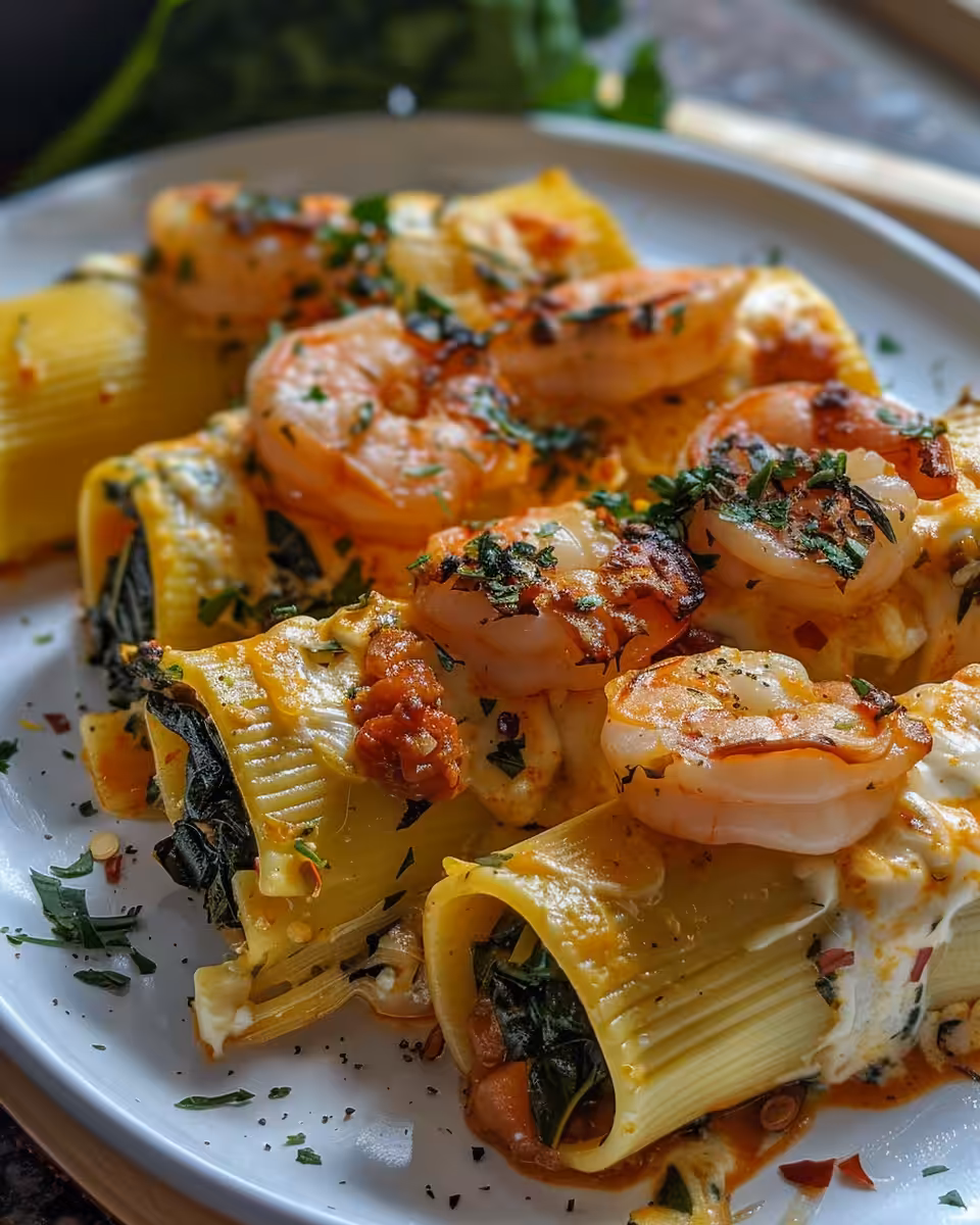 Cheese sauce coating seafood lasagna roll-ups before baking