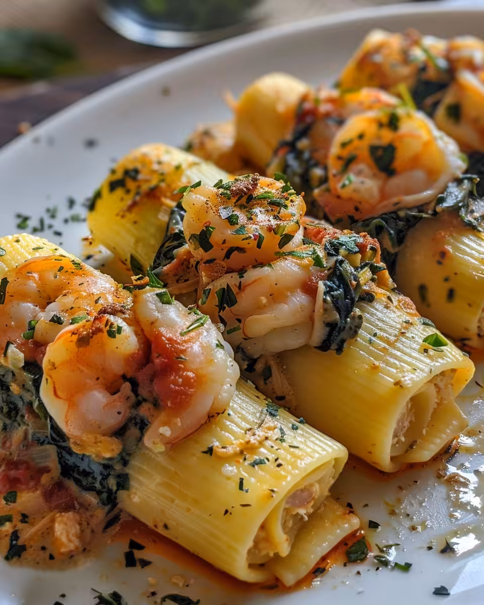 Close-up of shrimp and spinach stuffed pasta roll-ups fresh from the oven