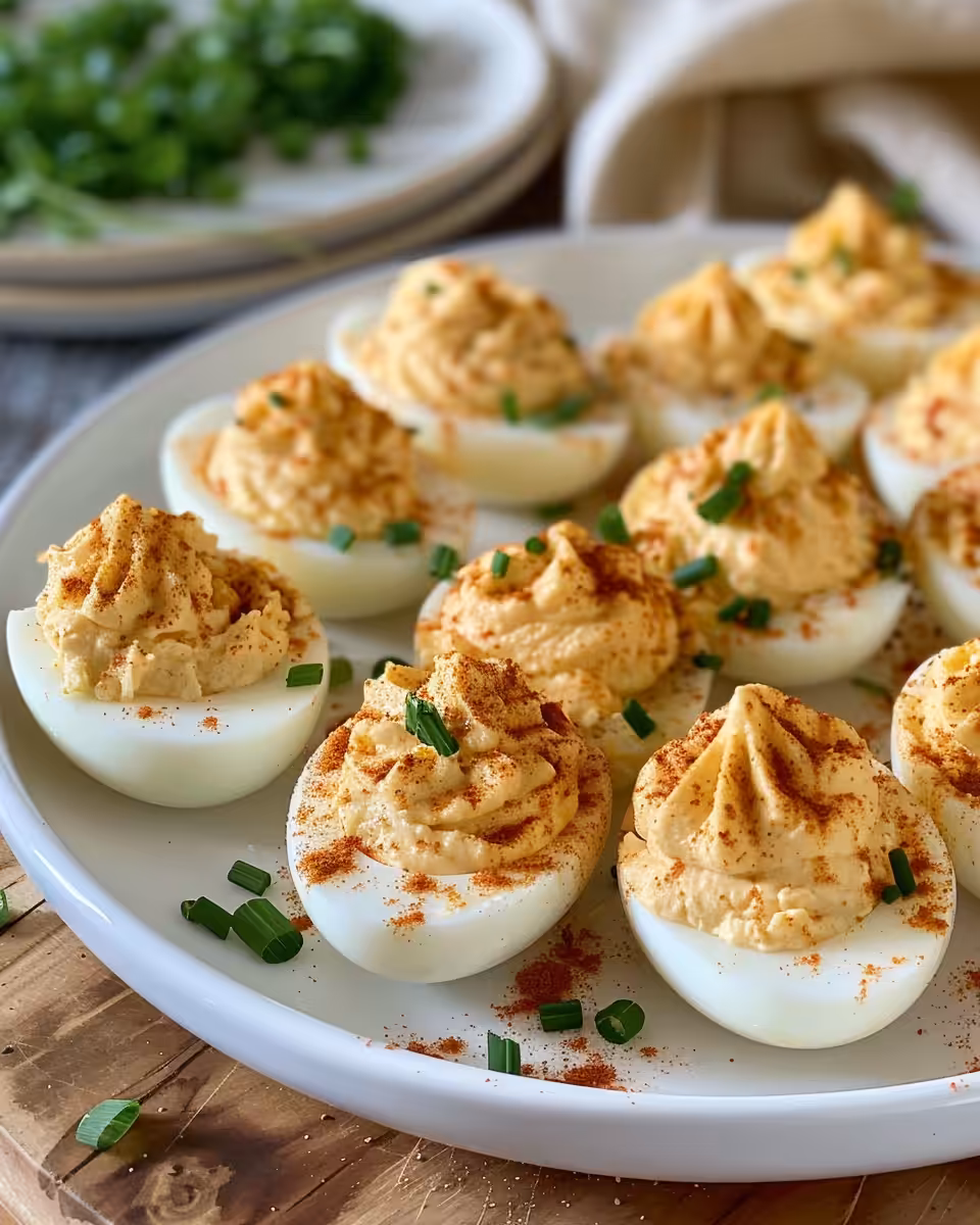 Finished Cajun shrimp deviled eggs plated and garnished with paprika
