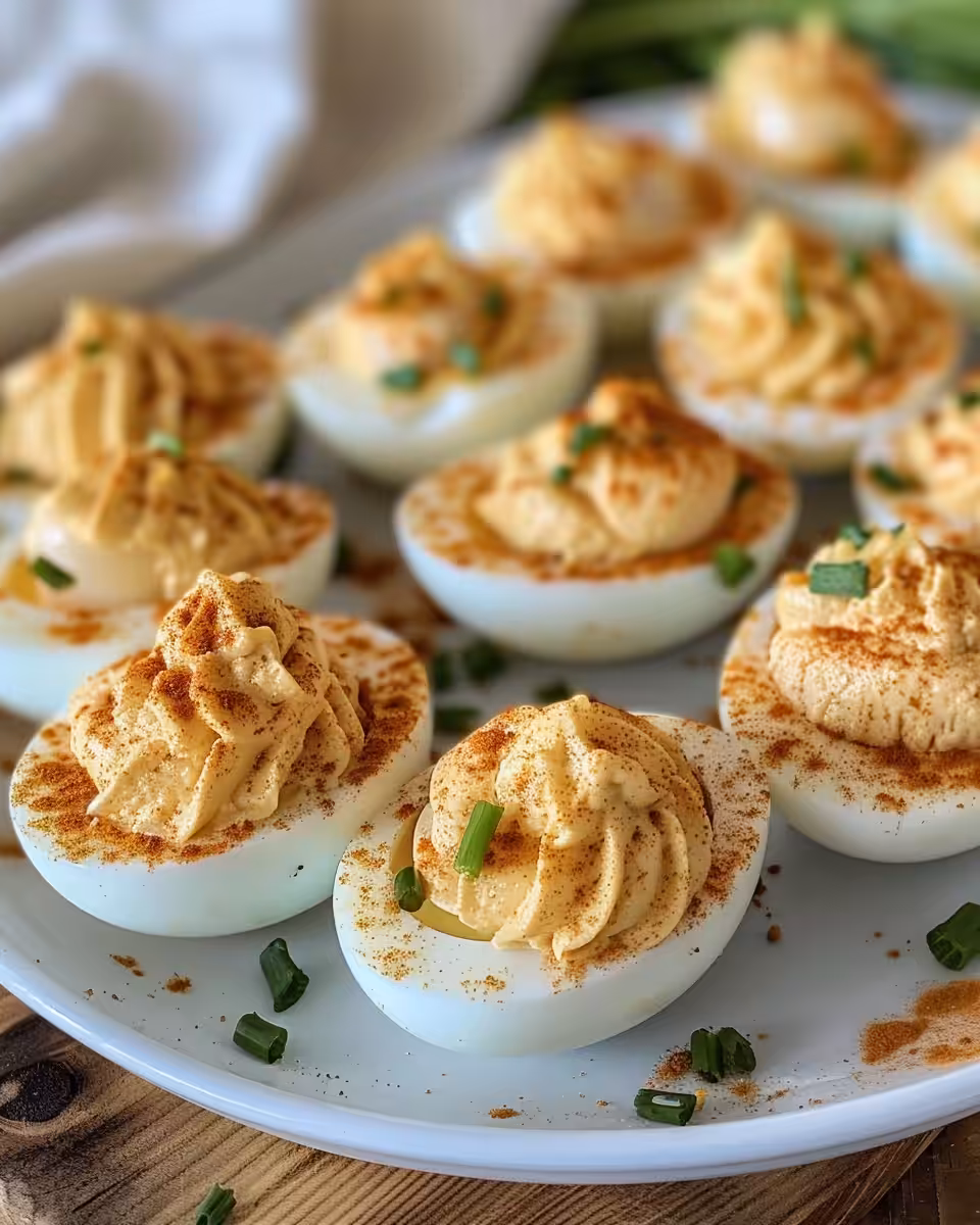 Creamy Cajun shrimp deviled eggs appetizer served on a plate with garnish