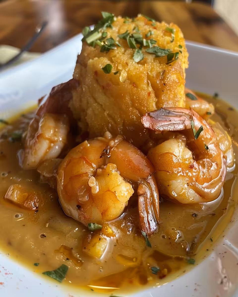 Pressure cooker beginning to hiss as shrimp mofongo cooks