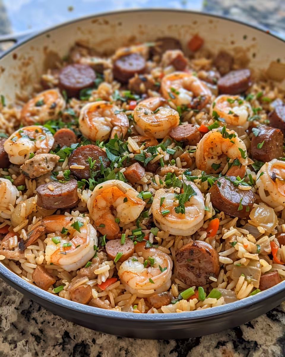 Fresh ingredients including onions, peppers, garlic, and sausage for shrimp and dirty rice