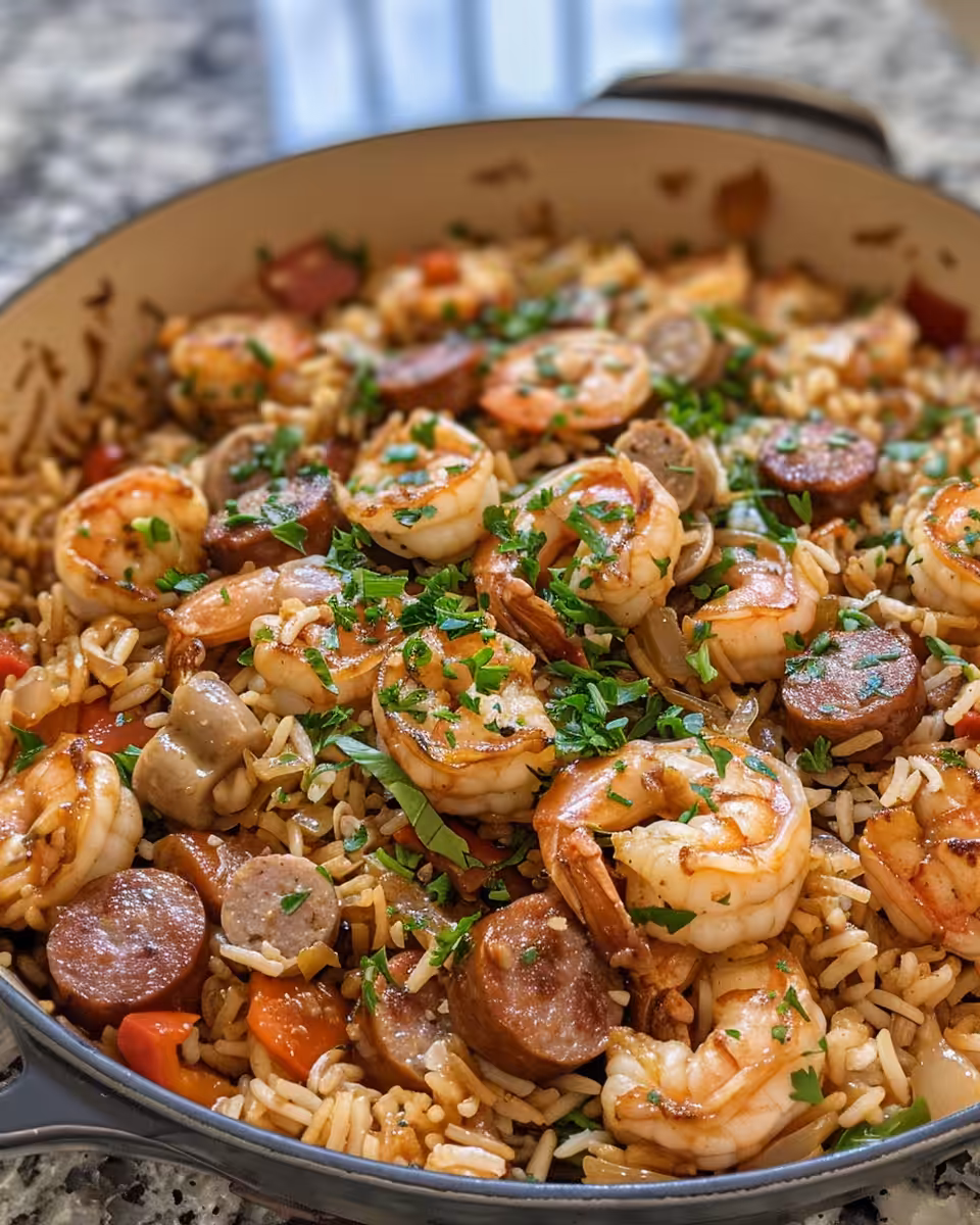 Plated shrimp and dirty rice with parsley garnish, ready to serve