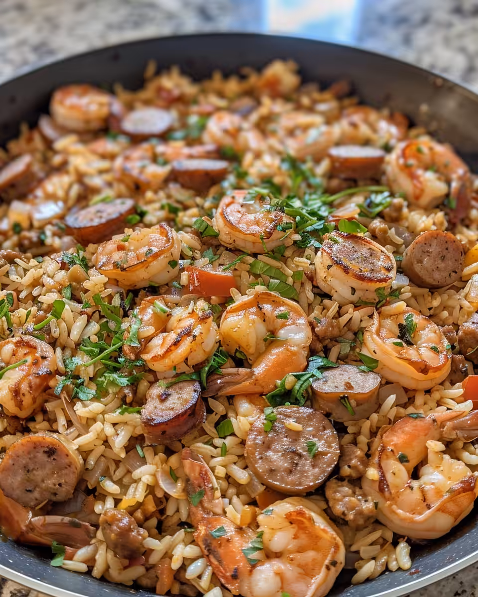 Aromatic spices and sausage simmering in pressure cooker preparing shrimp and dirty rice
