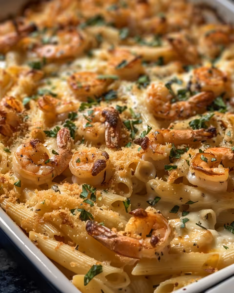 Shrimp scampi pasta bake fresh and steaming in baking dish