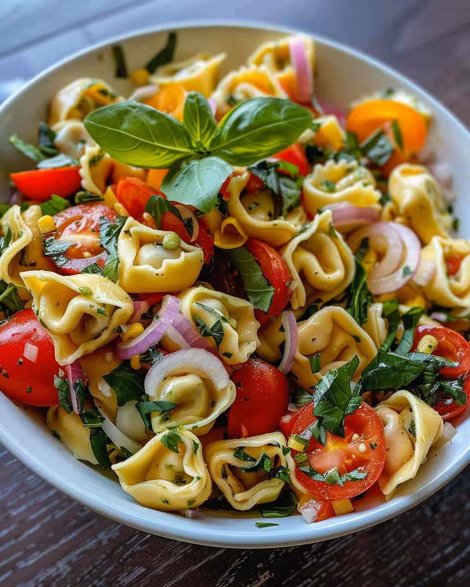 Ingredients for cheese tortellini pesto salad like cherry tomatoes, mozzarella balls, and sliced red onion