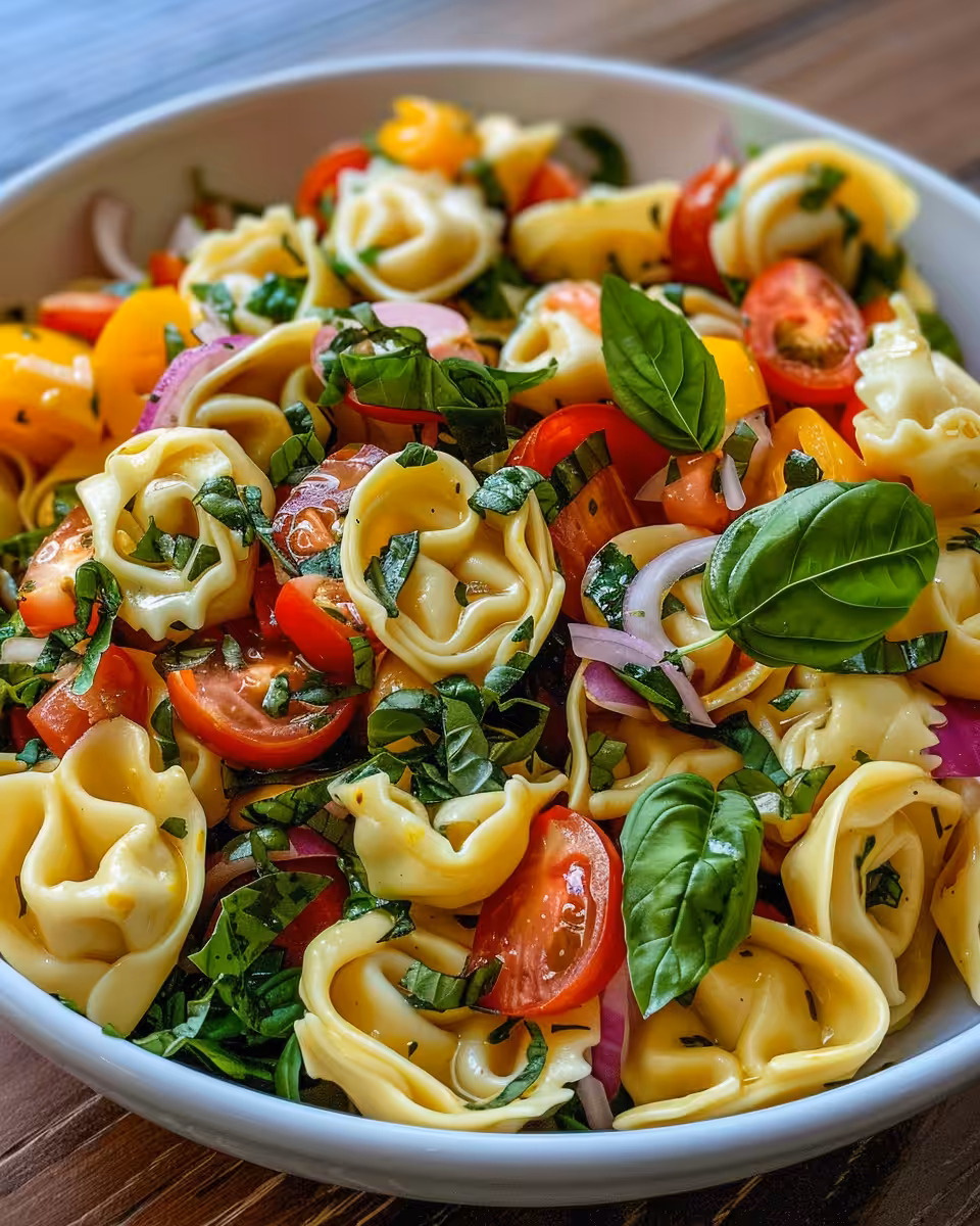 Mixed tortellini pasta salad just tossed with pesto, cherry tomatoes, mozzarella, and red onion