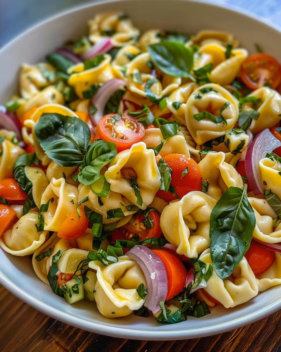 Glossy cheese tortellini with bright green pesto fresh from the pressure cooker