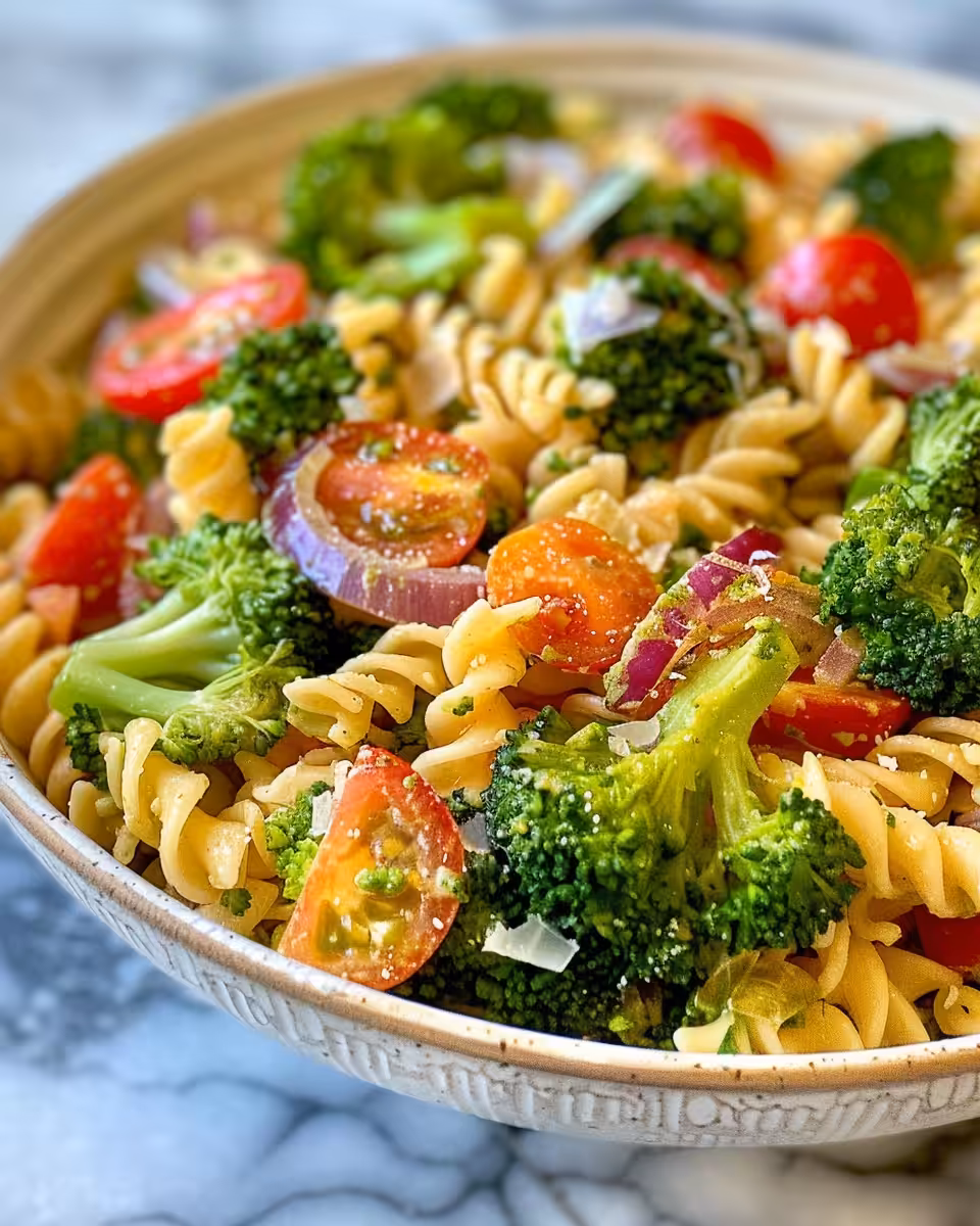 Creamy high protein broccoli pasta salad fresh and ready to serve