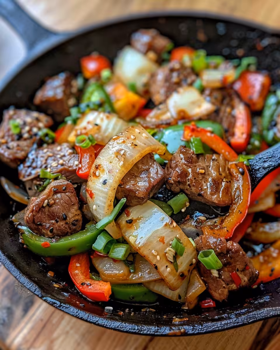 Ingredients prepared for Chinese pepper steak including sliced steak and bell peppers
