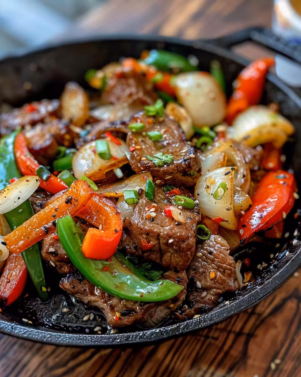 Final plated Chinese pepper steak with tender steak strips and sautéed bell peppers
