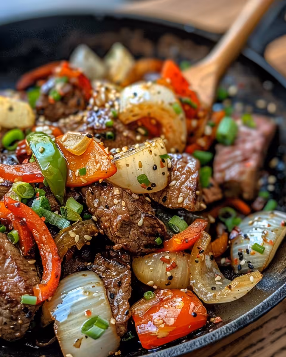 Sizzling Chinese pepper steak with onions cooking in pressure cooker
