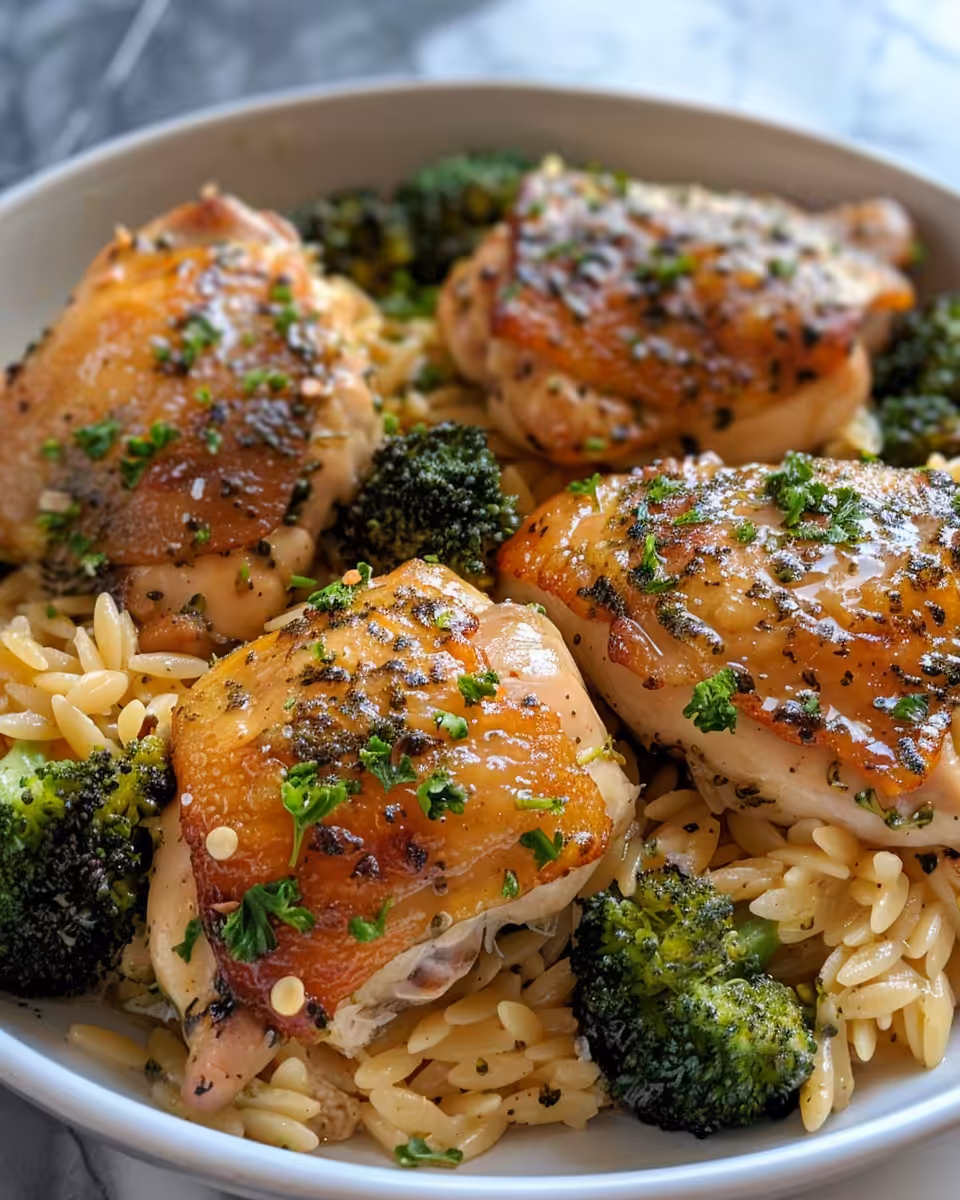 Prepped ingredients for skillet chicken with broccoli and cheddar orzo