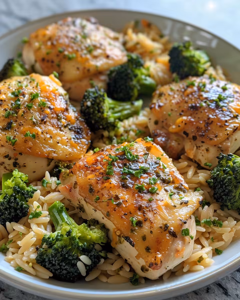 Final plated skillet chicken with broccoli and cheddar orzo ready to eat