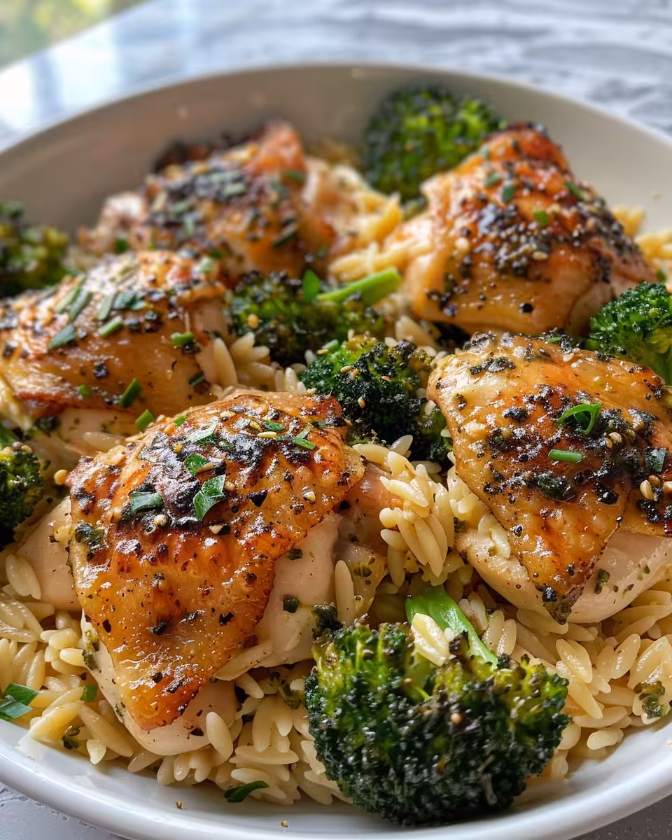 Golden skillet chicken thighs with broccoli and cheddar orzo