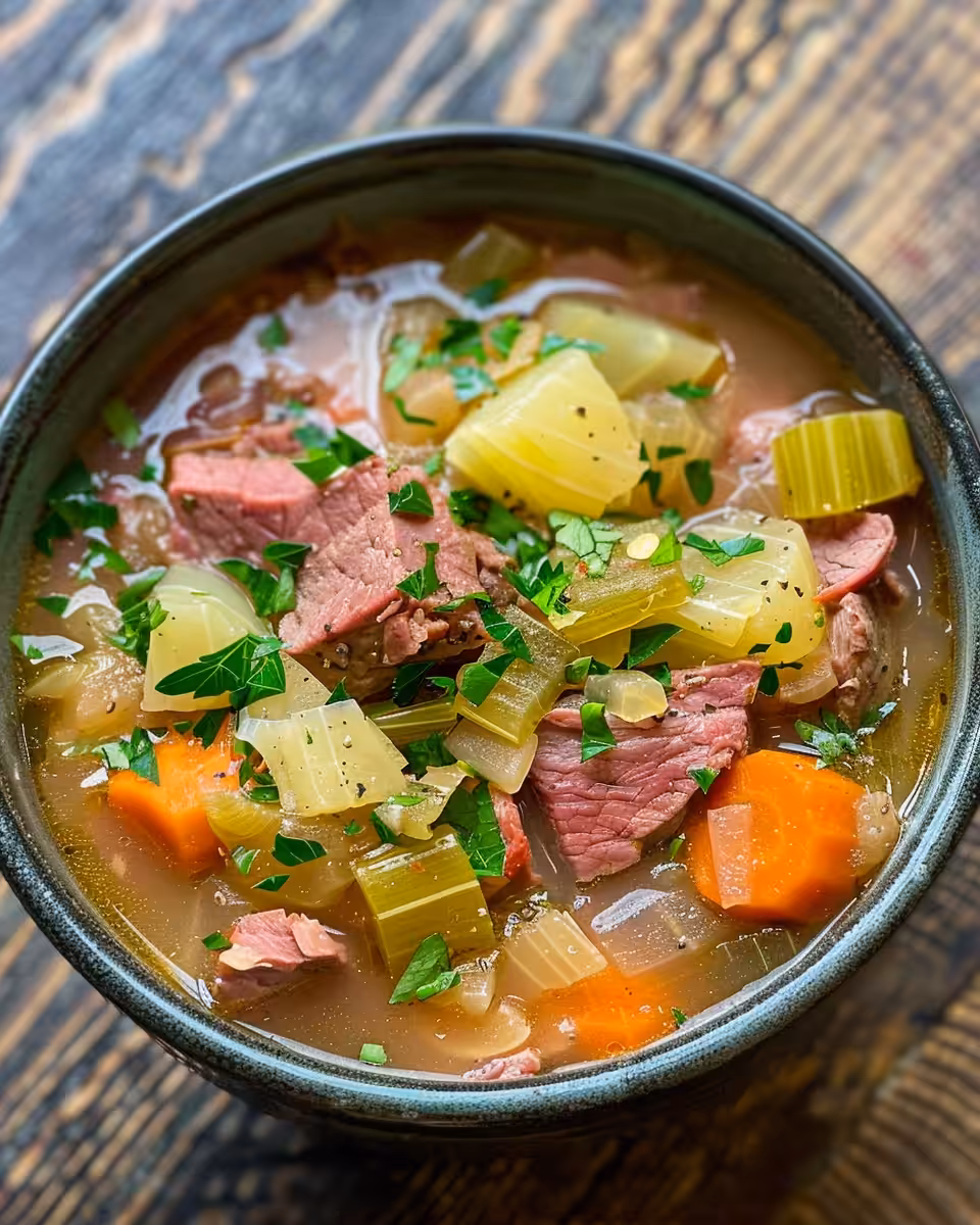 Ingredients prepped for slow cooker corned beef and cabbage soup displayed on kitchen counter
