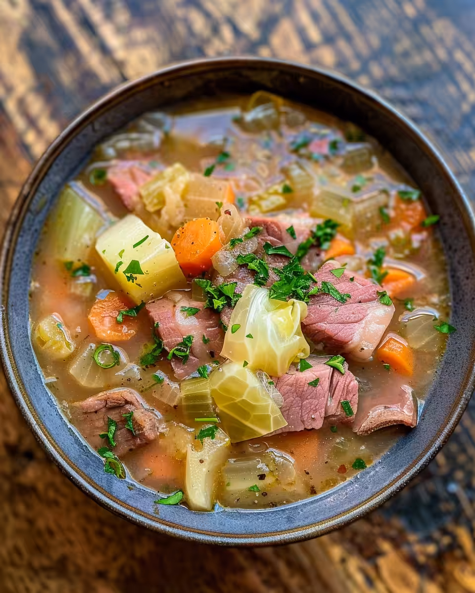 Bowl of slow cooker corned beef and cabbage soup served warm with garnish