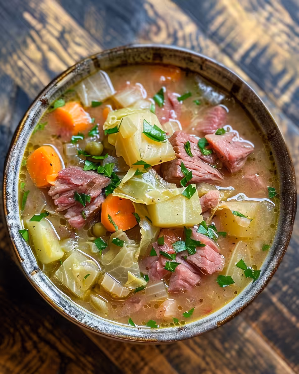 Steaming slow cooker filled with corned beef and cabbage soup