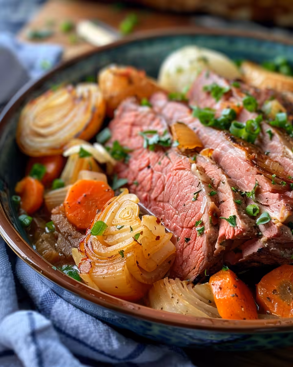 Layered ingredients in pressure cooker for corned beef and cabbage