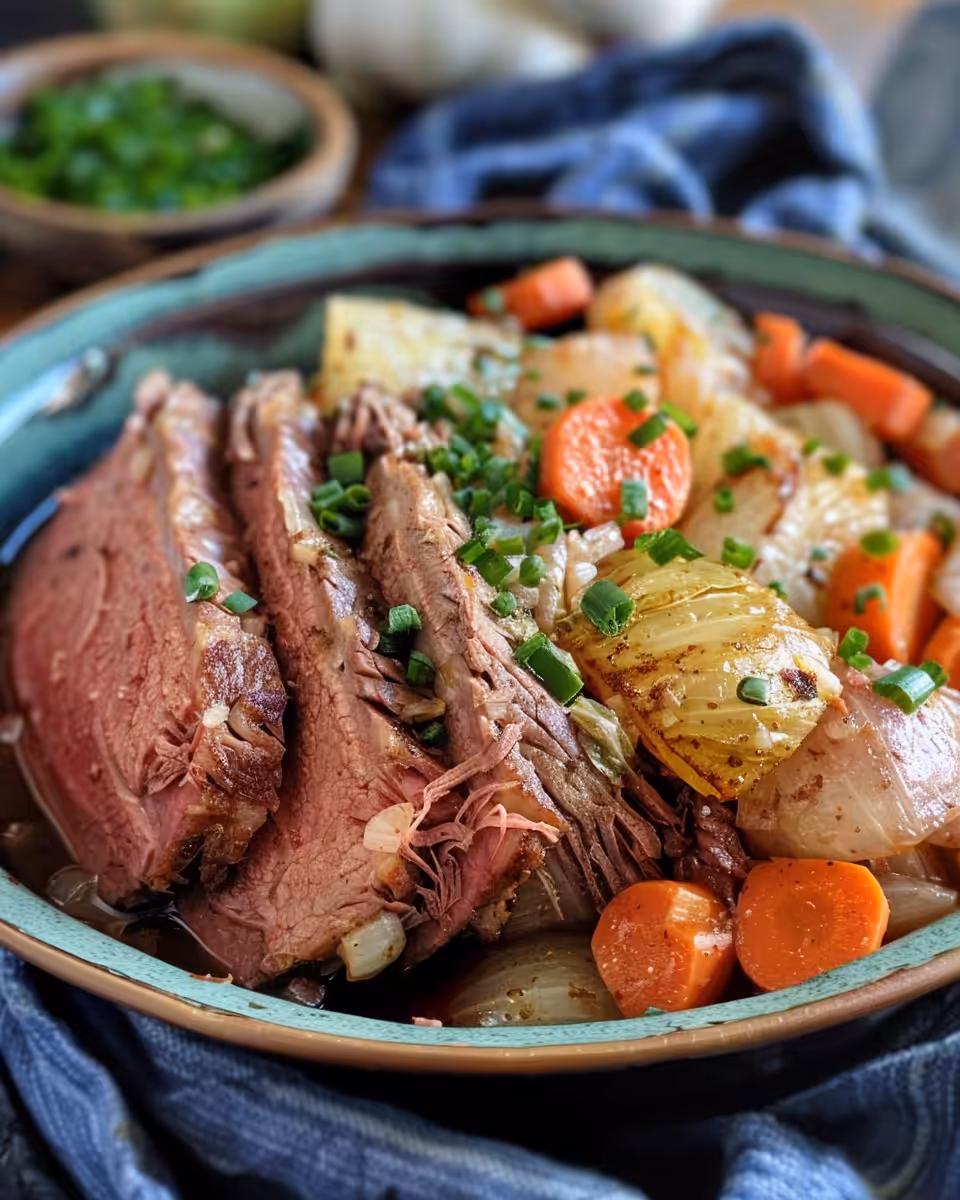 Final plated corned beef and cabbage, tender and ready to enjoy