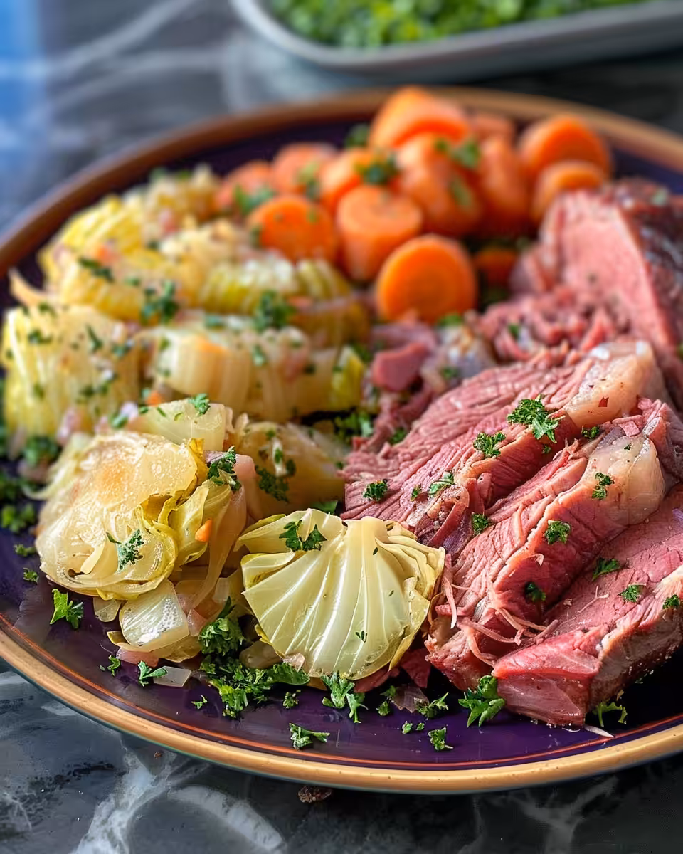 Slow cooker corned beef and cabbage in pot with steam rising