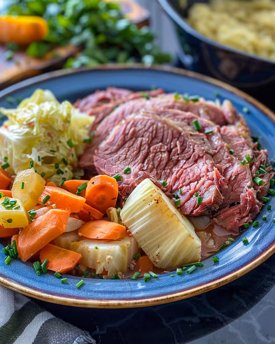 Ingredients for corned beef and cabbage in pressure cooker prepped ready to cook