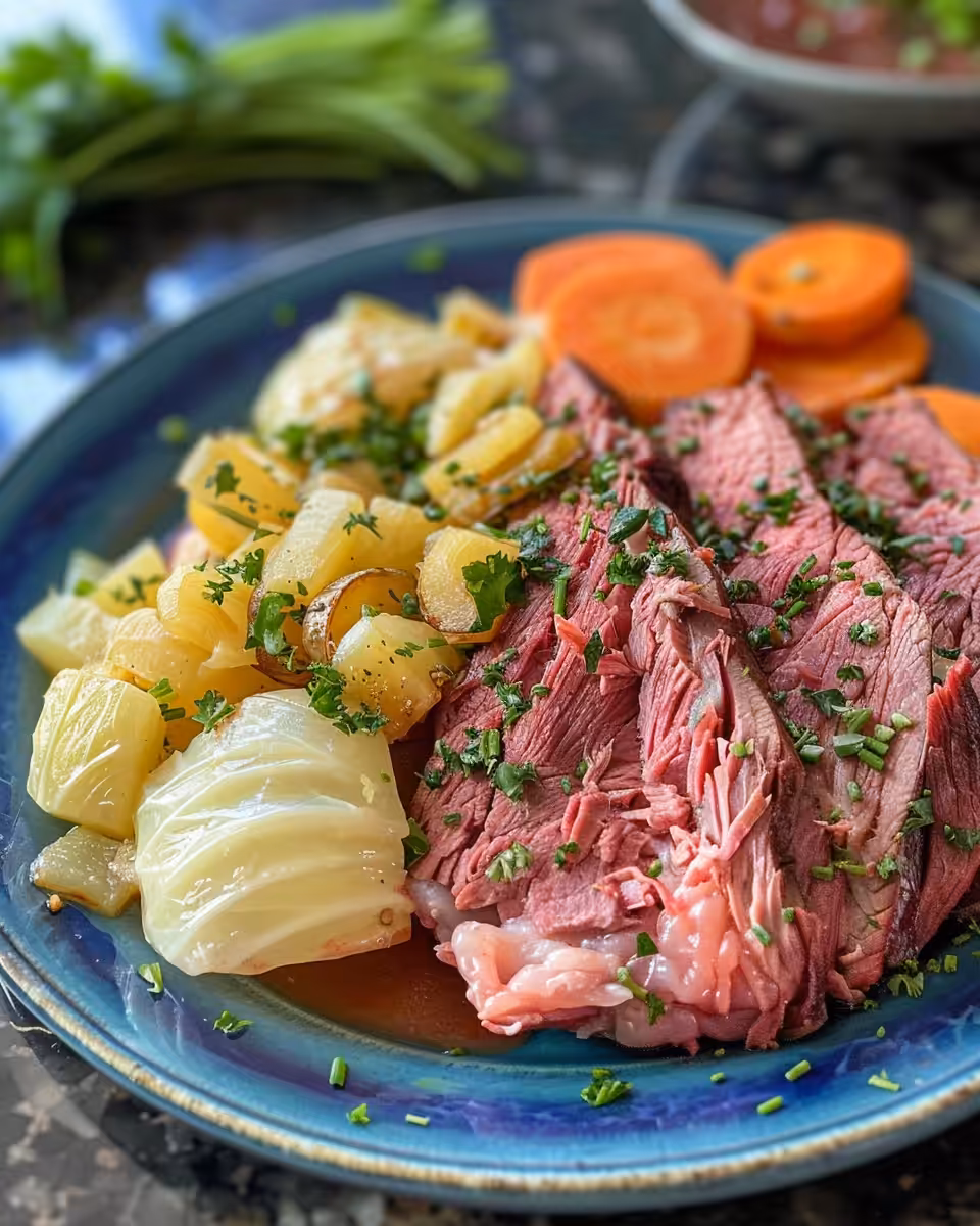 Plated slow cooker corned beef and cabbage dinner ready to eat