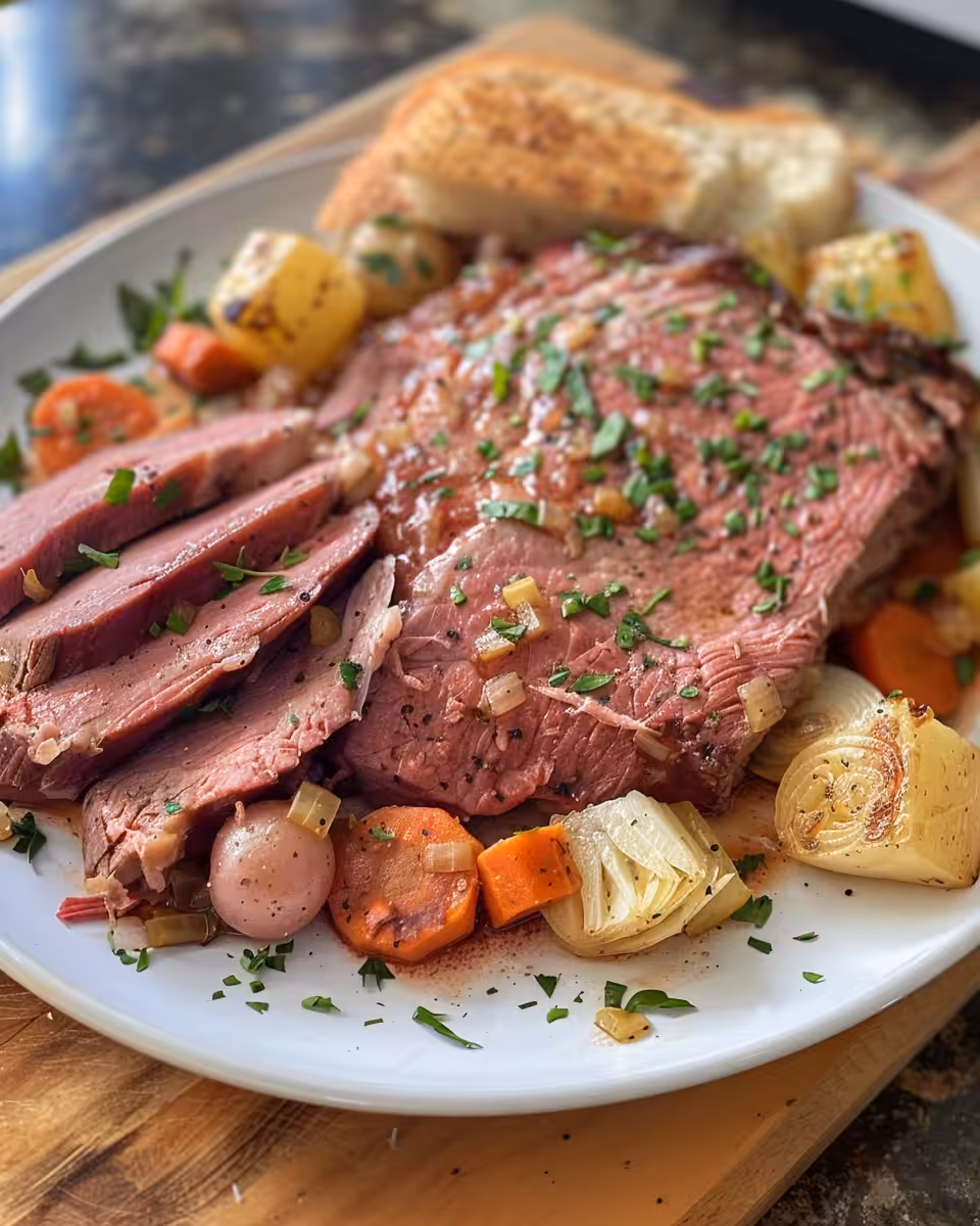 Slow cooker with corned beef and cabbage emitting savory steam
