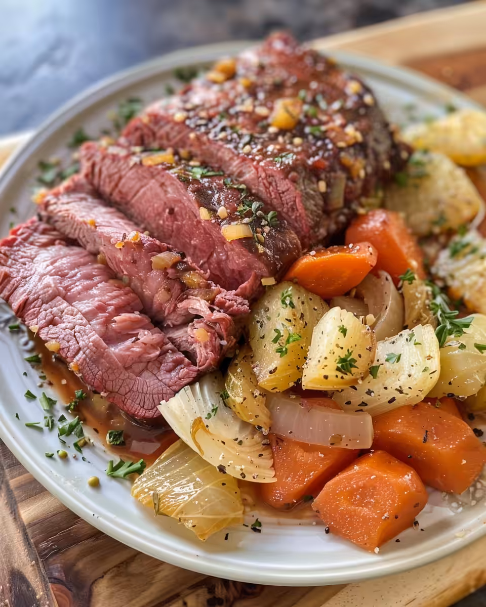 Final plated slow cooker corned beef and cabbage ready to serve