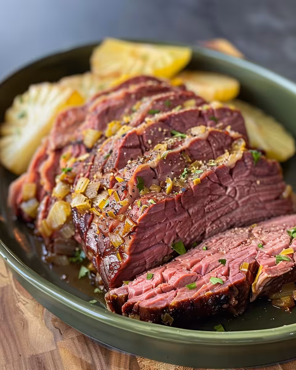 Slow cooker corned beef and cabbage in pot with steam and float valve