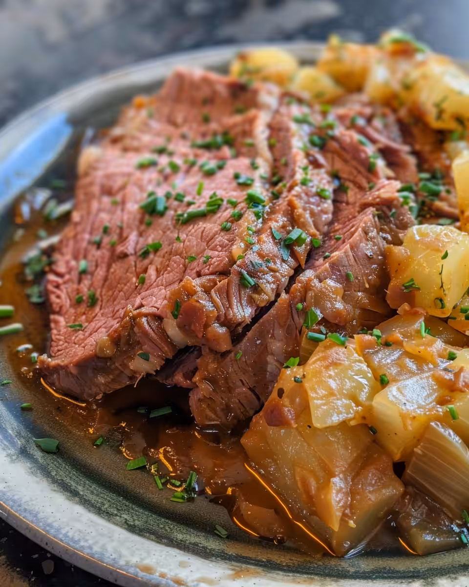 Final slow cooked corned beef and cabbage served with broth pouring