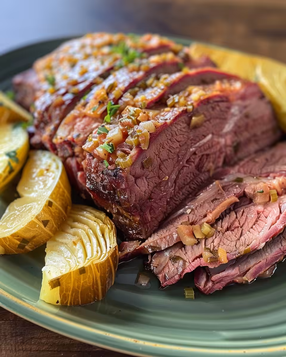 Serving of tender slow cooker corned beef and cabbage on plate