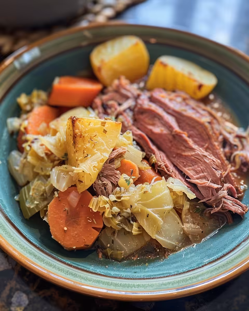 Ingredients for corned beef and cabbage lined out on kitchen counter